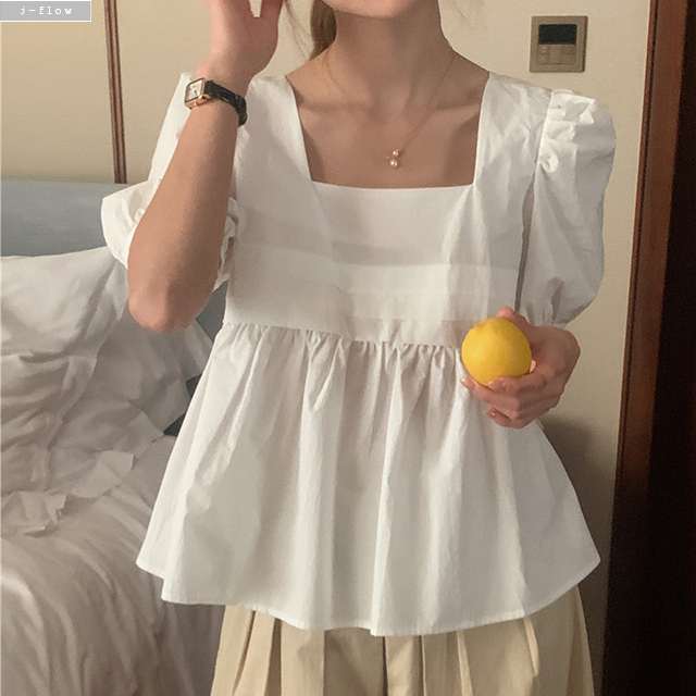 베키 스퀘어넥 핀턱주름 퍼프 코튼 블라우스 2col 여름 뒷매듭 크롭 바스락 제이플로우 - 상품 이미지