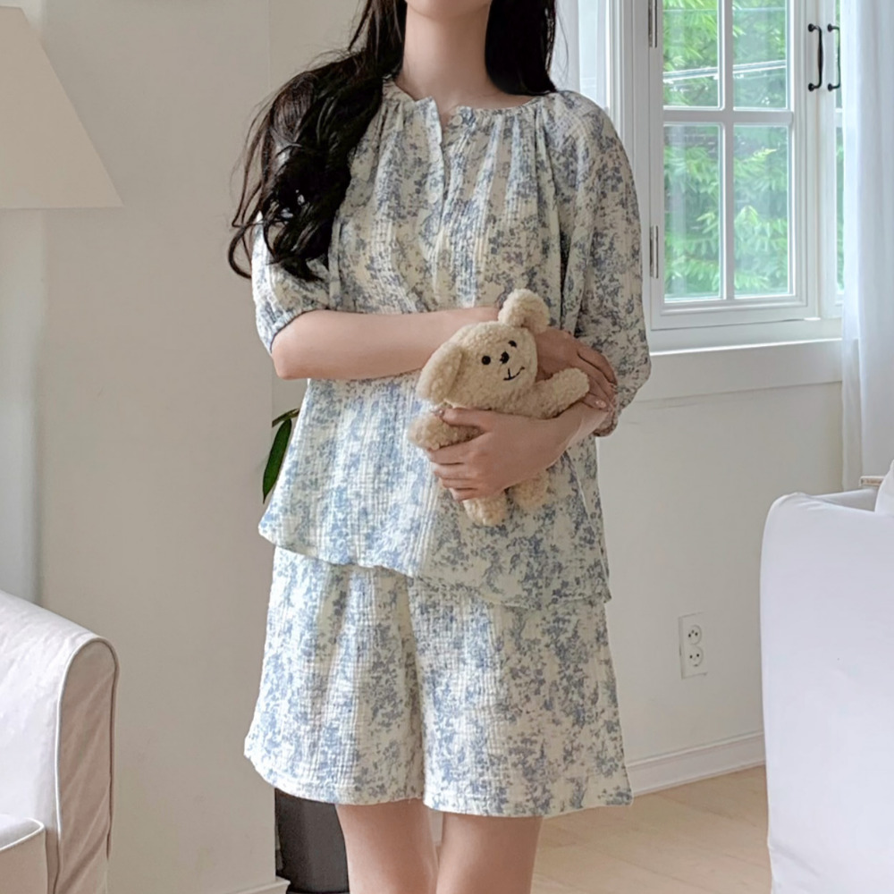 요루면잠옷 순면잠옷 파자마반바지 여름 뜨왈 반팔 홈웨어 세트 - 상품 이미지