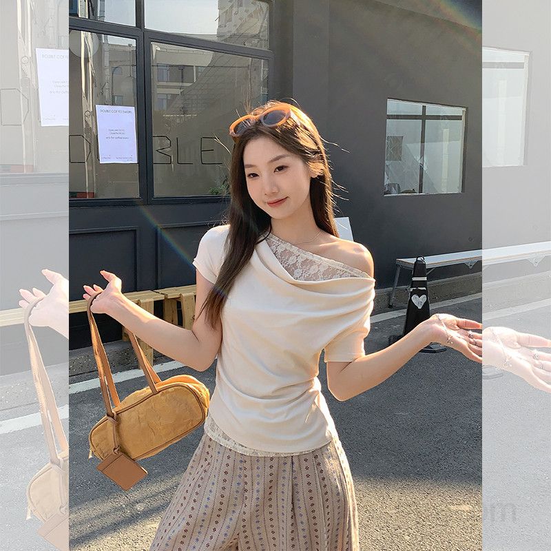 봄 여름 여성 슬림핏 사선넥 드레이핑 레이스배색 반팔 티셔츠 비스코스 페미닌 1687 - 상세 이미지 2