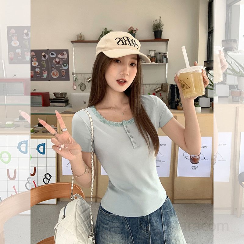 봄 여름 여성 슬림핏 스퀘어넥 레이스배색 반팔 티셔츠 면스판 데일리룩 캐주얼룩 1684 - 상세 이미지 2