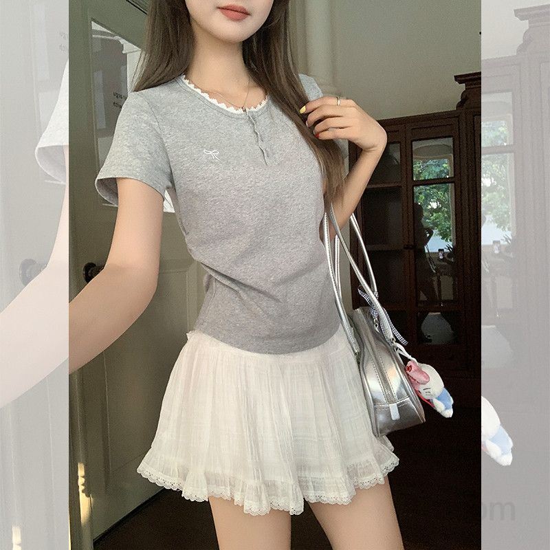봄 여름 여성 슬림핏 라운드넥 레이스 앞버튼 리본자수 면스판 반팔 티셔츠 데일리룩 캐주얼 1803 - 상세 이미지 4