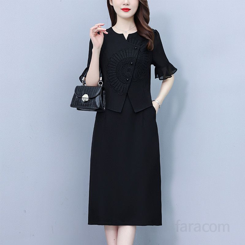 블랙 레이스 배색 라운드넥 반팔 미디 A라인원피스 슬림핏 빅사이즈 여름 룩 하객룩 8157 - 상세 이미지 4