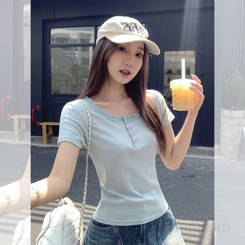봄 여름 여성 슬림핏 스퀘어넥 레이스배색 반팔 티셔츠 면스판 데일리룩 캐주얼룩 1684 - 상세 이미지 3