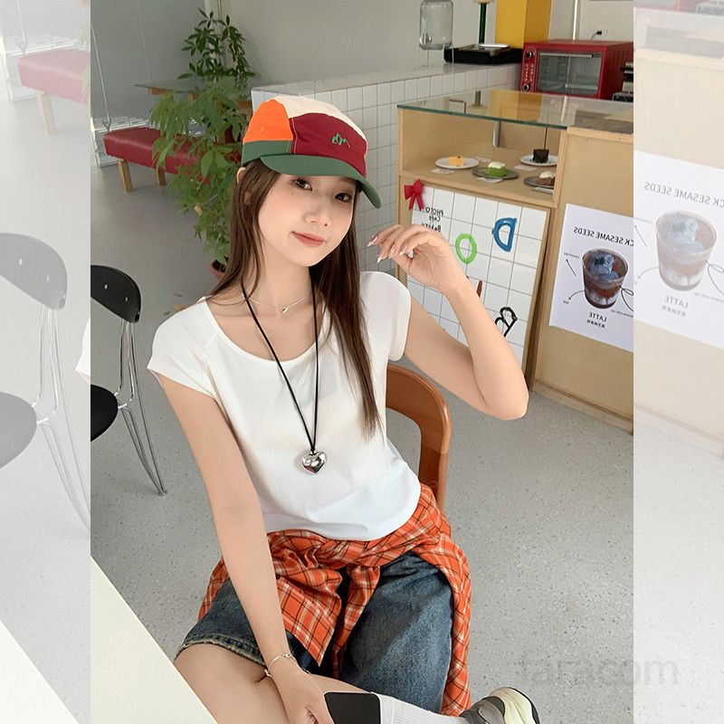 봄 여름 여성 슬림핏 라운드넥 나그랑 무지 반팔 티셔츠 면스판 데일리룩 캐주얼룩 베이직티 1752 - 상세 이미지 5