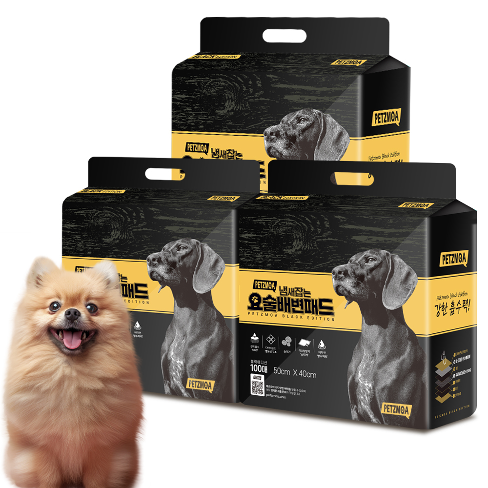 페츠모아(천연펄프) 요술배변패드 블랙에디션 강아지 배변패드 표준형 중형, 100매입, 3개