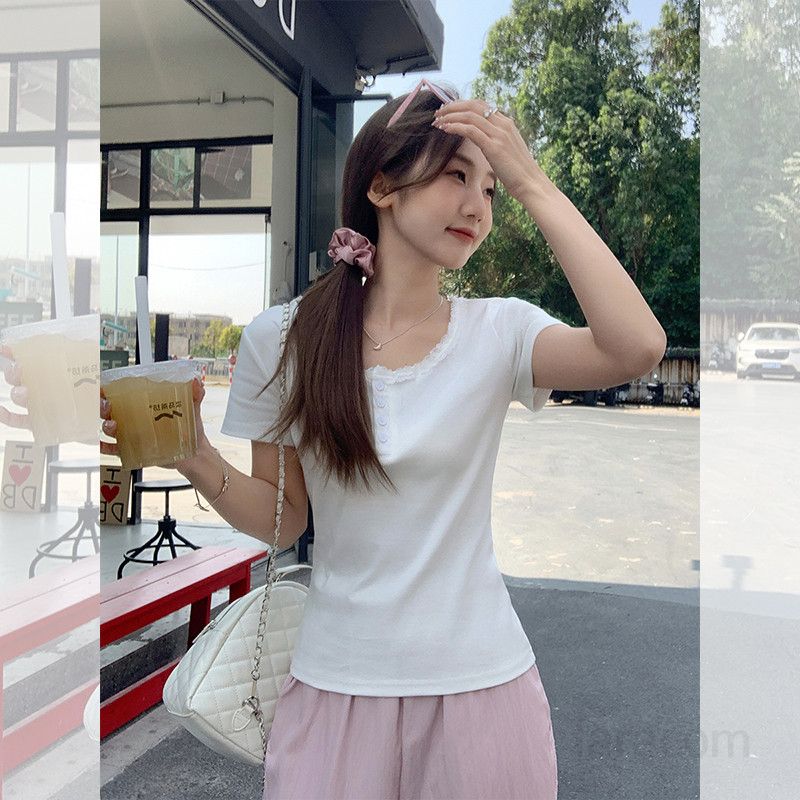 봄 여름 여성 슬림핏 스퀘어넥 레이스배색 반팔 티셔츠 면스판 데일리룩 캐주얼룩 1684 - 상세 이미지 5