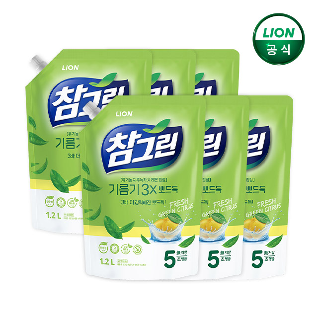 참그린 기름기뽀드득 주방세제 1.2L 리필 x 6개 / 주방세제, 기름기, 안심, 참그린
