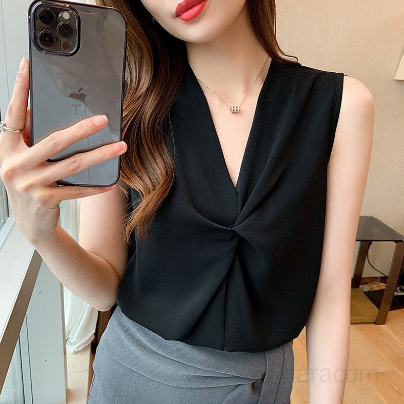 여름 여성 루즈핏 브이넥 앞꼬임 민소매 블라우스 폴리 룩 데일리룩 하객룩 나시블라우스 5062 - 상세 이미지 2