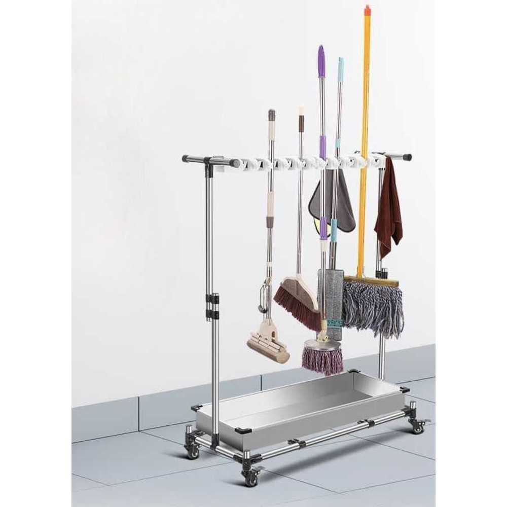 마포 걸레 걸이 청소도구 정리 벽걸이형 수납 보관함 90cm-10후크/12후크(그레이 받침대) - 상품 이미지