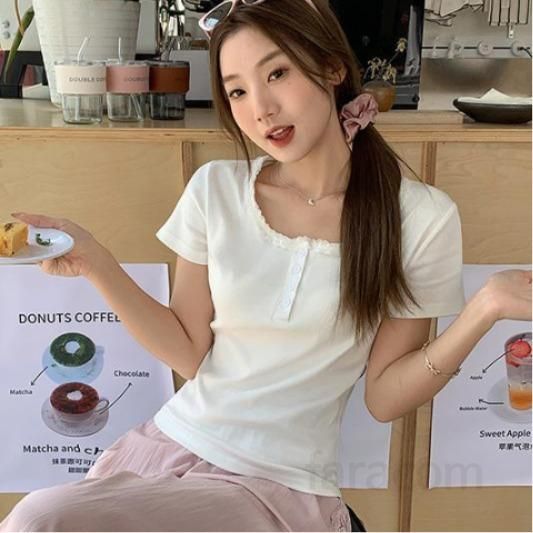 봄 여름 여성 슬림핏 스퀘어넥 레이스배색 반팔 티셔츠 면스판 데일리룩 캐주얼룩 1684 - 상품 이미지