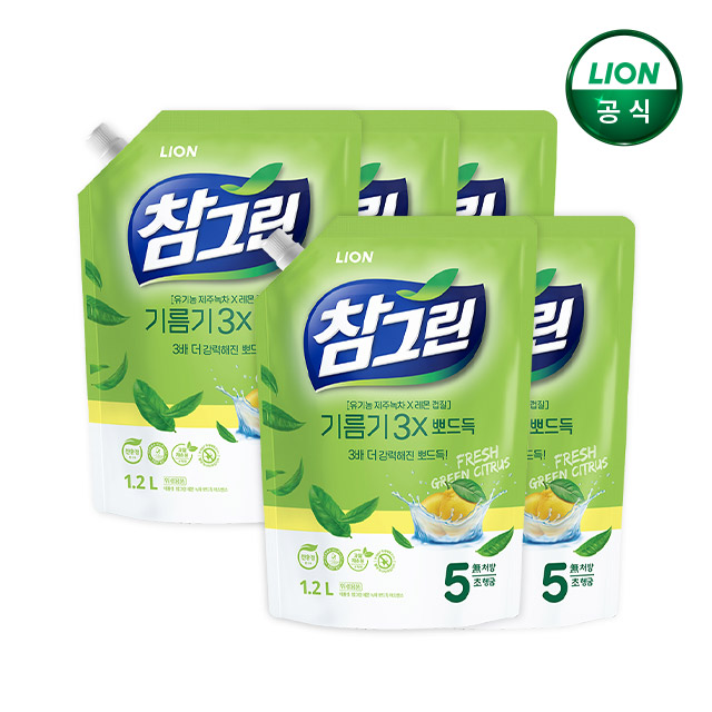 참그린 기름기뽀드득 주방세제 1.2L 리필x5개 - 상품 이미지