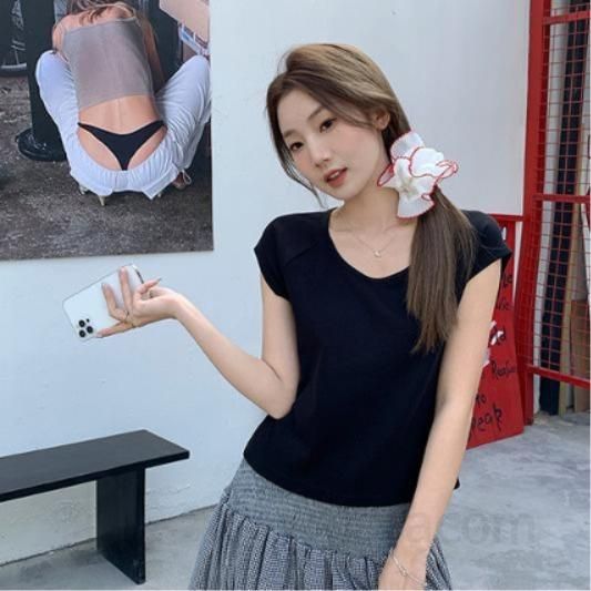 봄 여름 여성 슬림핏 라운드넥 나그랑 무지 반팔 티셔츠 면스판 데일리룩 캐주얼룩 베이직 1752 - 상품 이미지