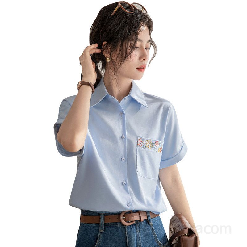 봄 여름 슬림핏 꽃자수 반팔 셔츠 브이넥 블라우스 데일리룩 룩 출근룩 깔끔한 1990 - 상세 이미지 5