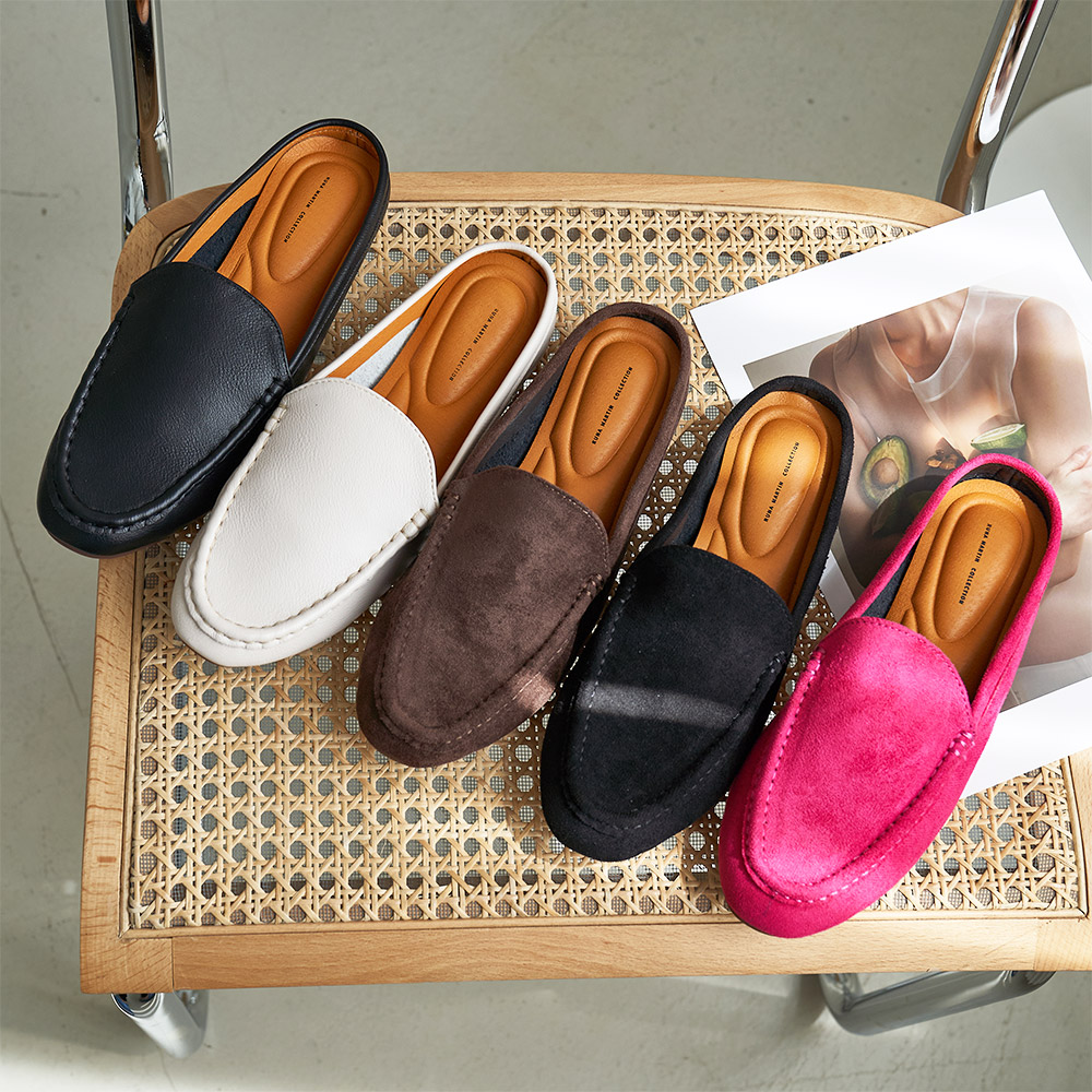 발편한 쿠션 앞막힌 가죽 스웨이드 여성 뮬 블로퍼 슬리퍼