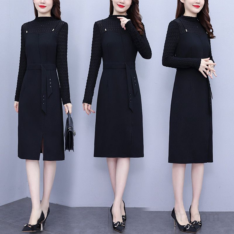 블랙 레이스 긴팔 미디 H라인원피스 슬림핏 빅사이즈 밑단트임 봄가을 룩 하객룩 8098