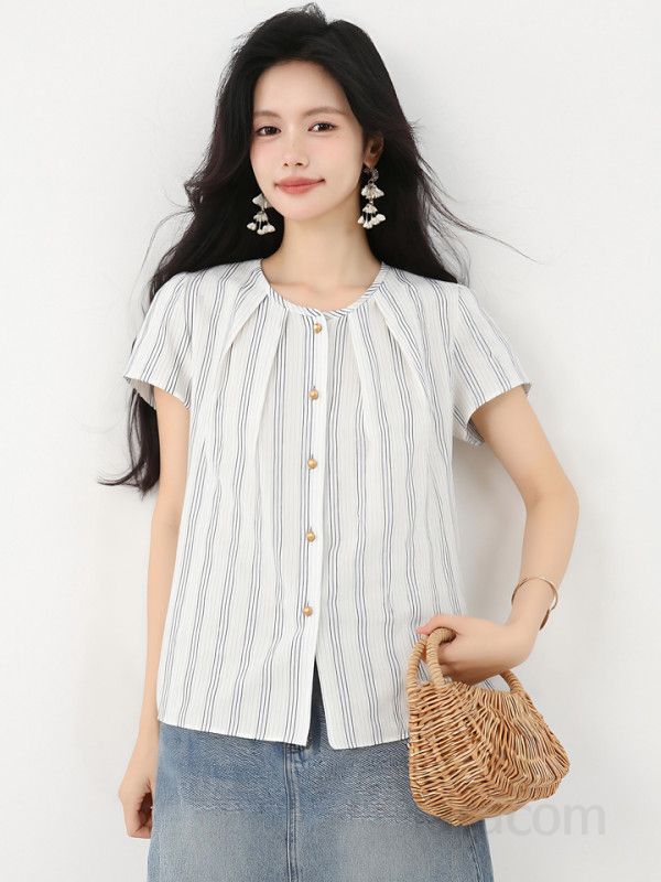 봄 여름 루즈핏 스트라이프 반팔 블라우스 핀턱주름 라운드넥 데일리룩 캐주얼룩 시원한 9867 - 상세 이미지 5