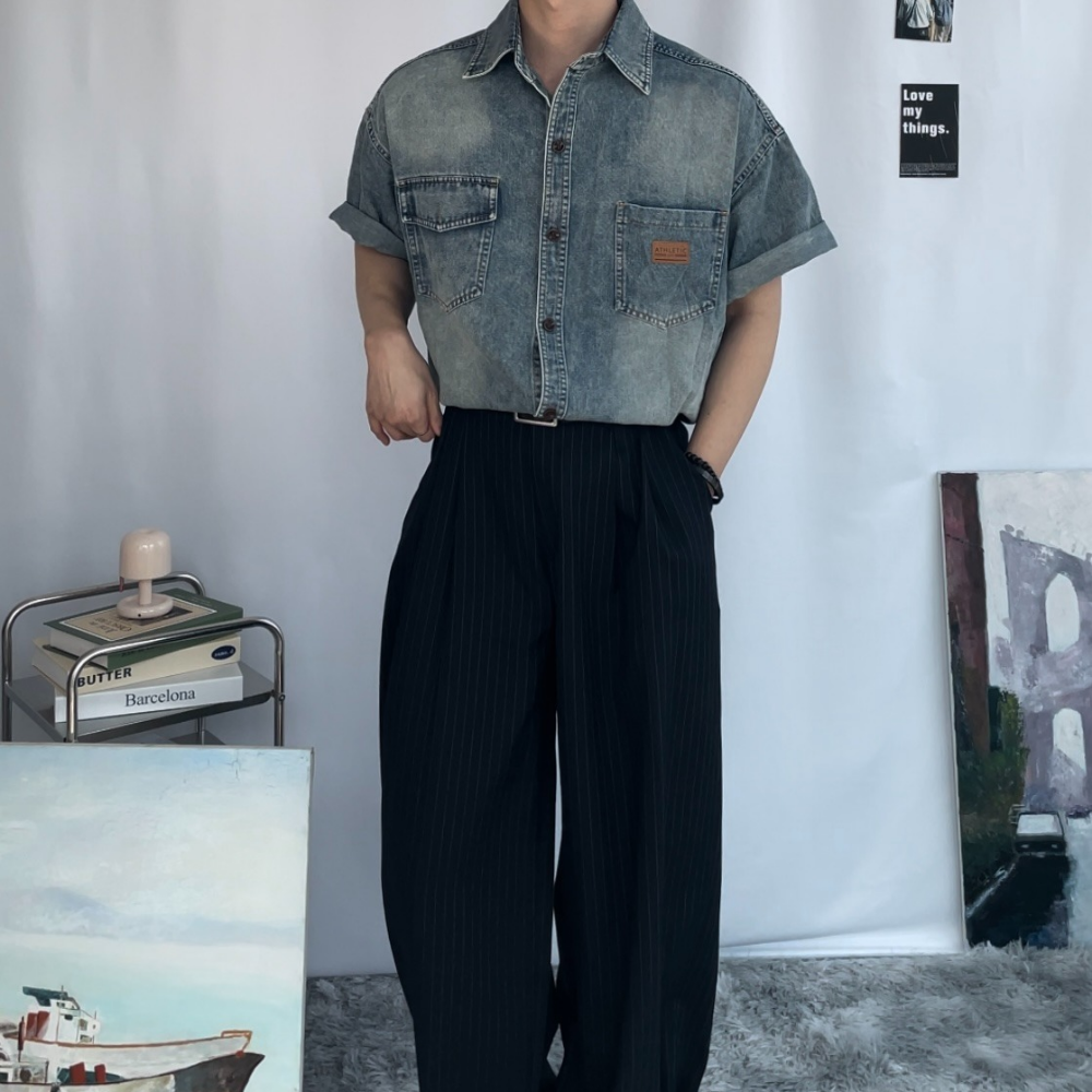 남자 여름 반팔 데님 워크 셔츠 워크셔츠 린넨 결혼식 코디 오버핏 모드릭 - 상세 이미지 5