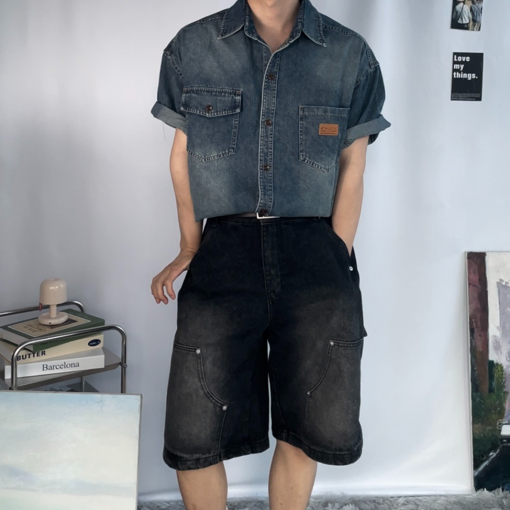 남자 여름 반팔 데님 워크 셔츠 워크셔츠 린넨 결혼식 코디 오버핏 모드릭 - 상세 이미지 4