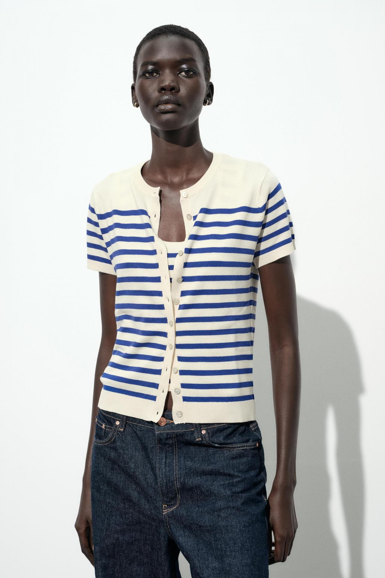 자라 스트라이프 반팔 니트 가디건 3433/007 ECRU / BLUE