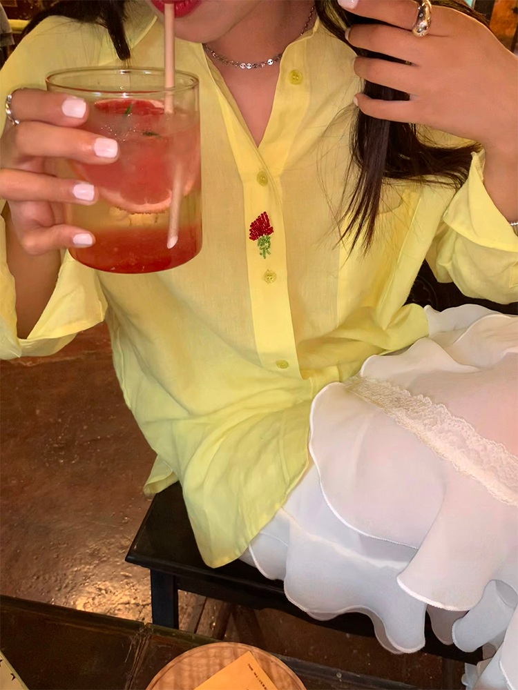 비즈포인트 면린넨 긴팔셔츠 루즈핏 노란색 봄여름 얇은 스타일 캐주얼 디자인 - 상세 이미지 3
