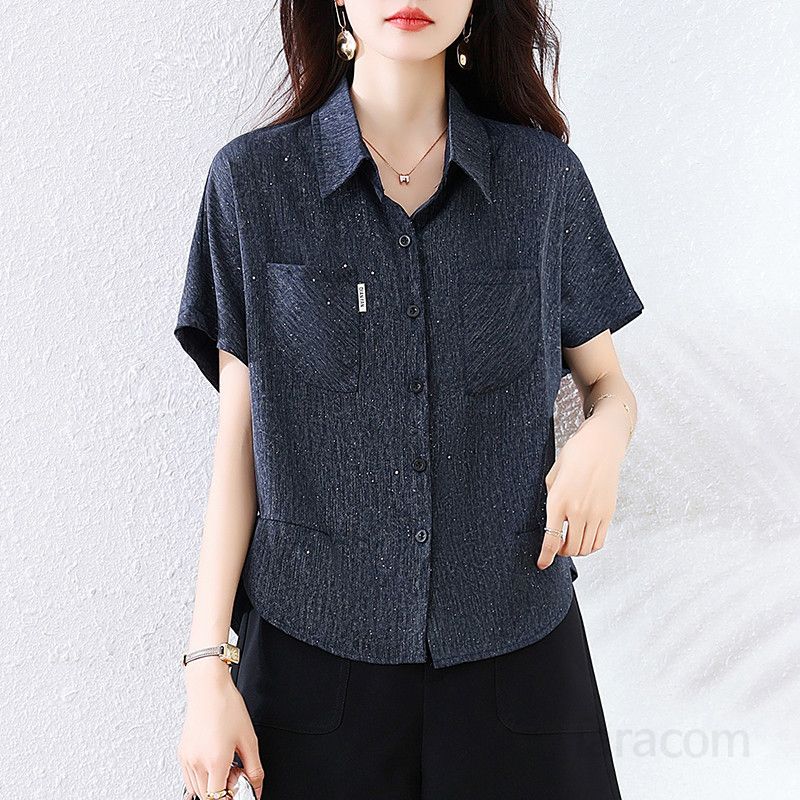 여름 여성 루즈핏 카라 반팔 블라우스 박쥐소매 폴리 룩 데일리룩 빅사이즈 반짝이셔츠 7001 - 메인 이미지