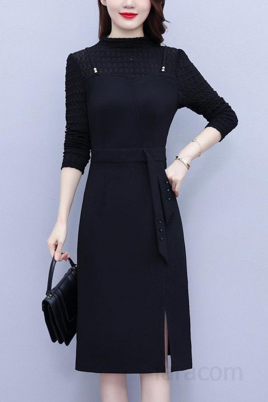 블랙 레이스 긴팔 미디 H라인원피스 슬림핏 빅사이즈 밑단트임 봄가을 룩 하객룩 8098