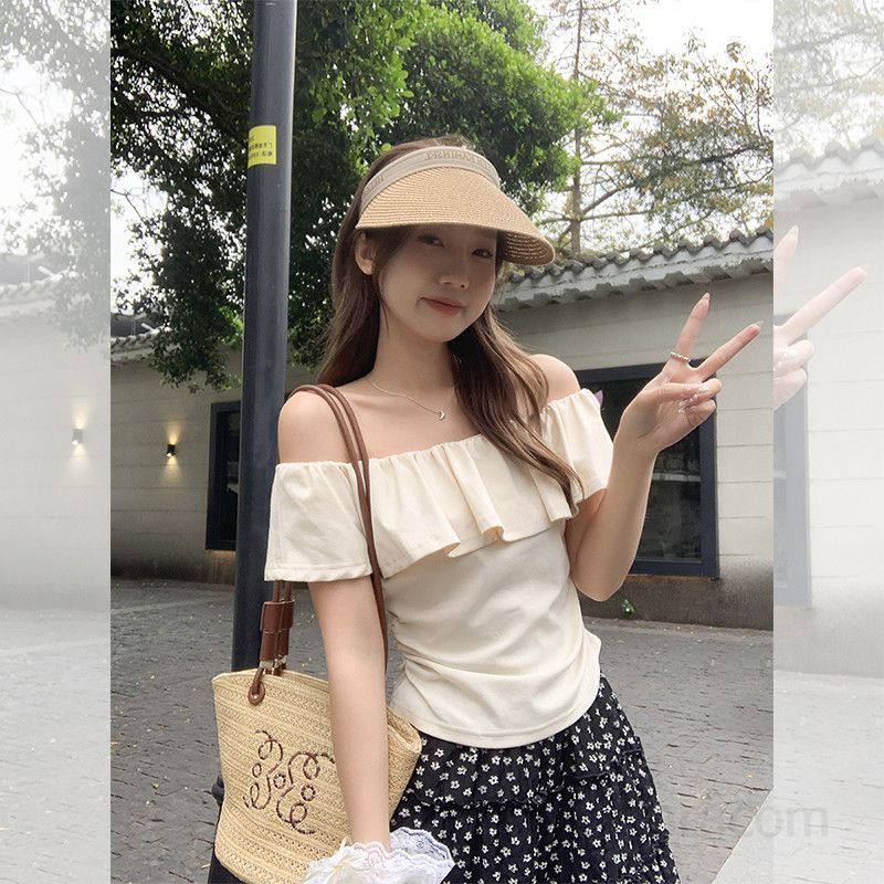 봄 여름 여성 슬림핏 오프숄더 프릴 크롭 반팔 티셔츠 면스판 데일리룩 바캉스 1716 - 상세 이미지 5