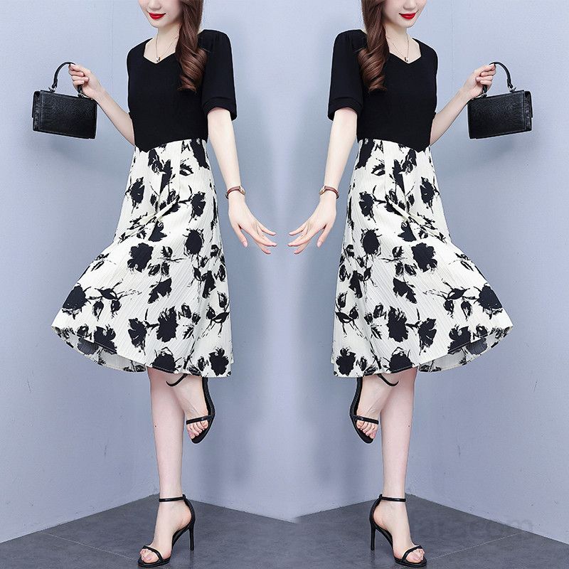 여름 여성 빅사이즈 브이넥 플라워 패턴 허리 스트랩 A라인 미디 롱원피스 룩 하객룩 8115 - 상세 이미지 3