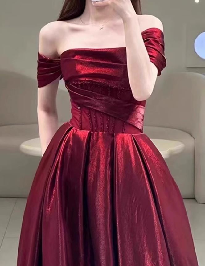 버건디 오프숄더 드레스 셀프웨딩 본식촬영 파티 촬영 2부 이브닝드레스 - 상세 이미지 3