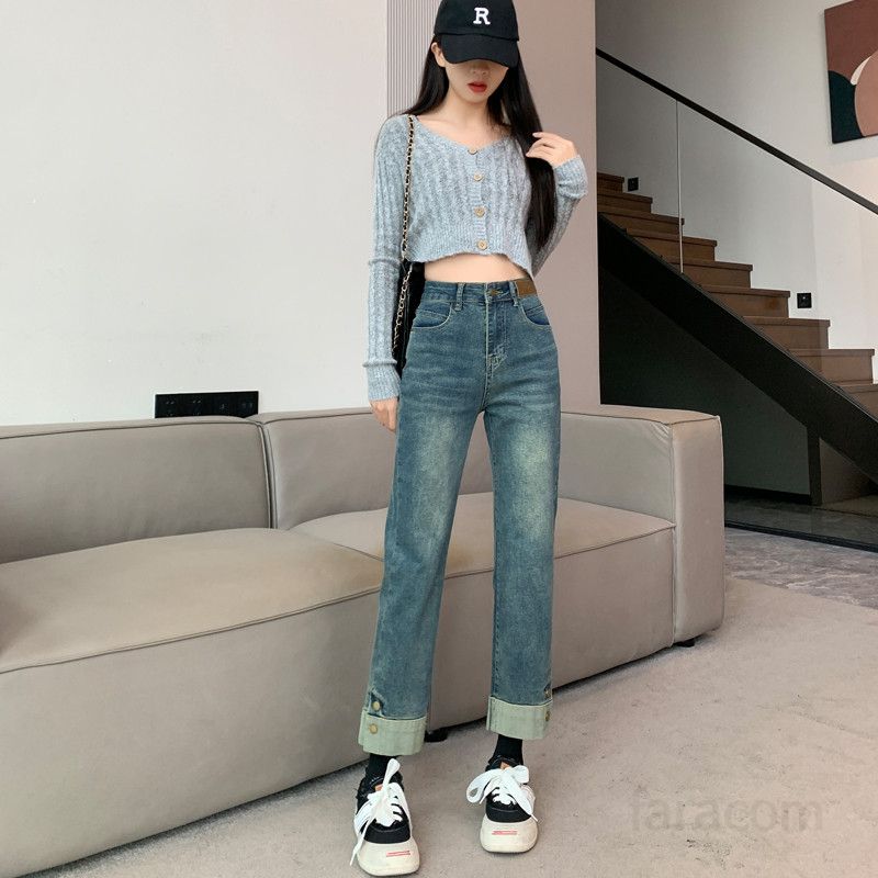 가을 기장선택 하이웨스트 일자핏 롤업 스트레이트 9부 데님 팬츠 Y2K 8773 - 상세 이미지 3