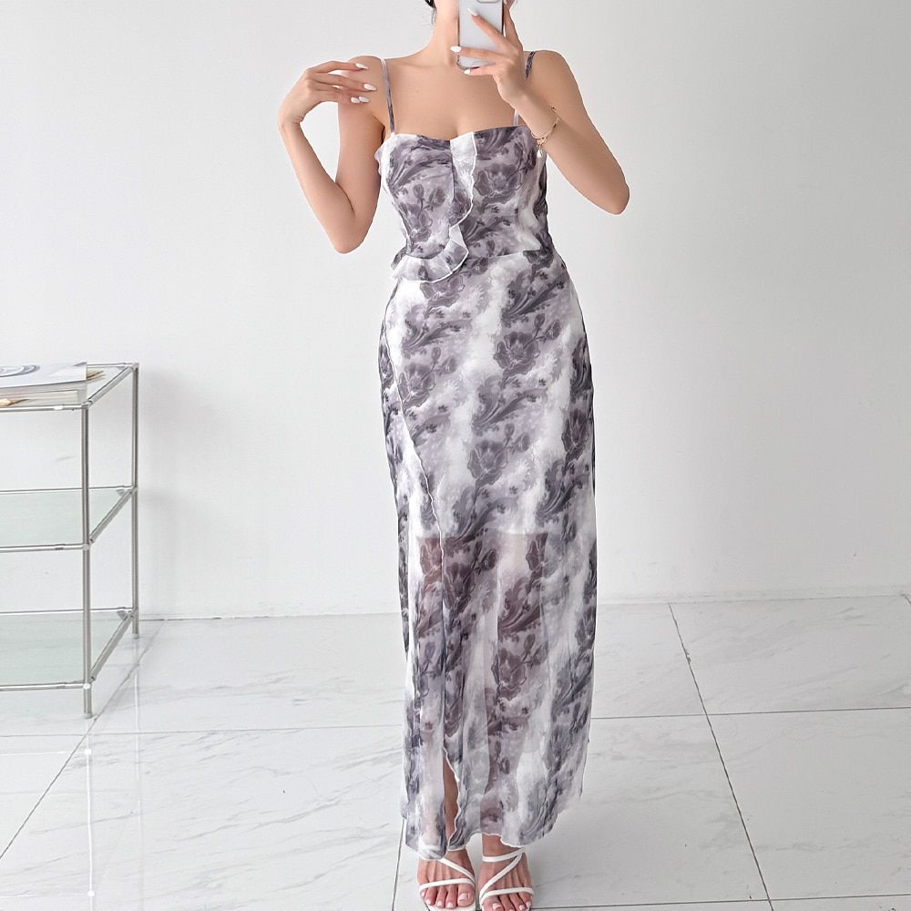 레히르 쉬폰 플라워 프릴 나시 롱원피스 AC0212 - 상세 이미지 5