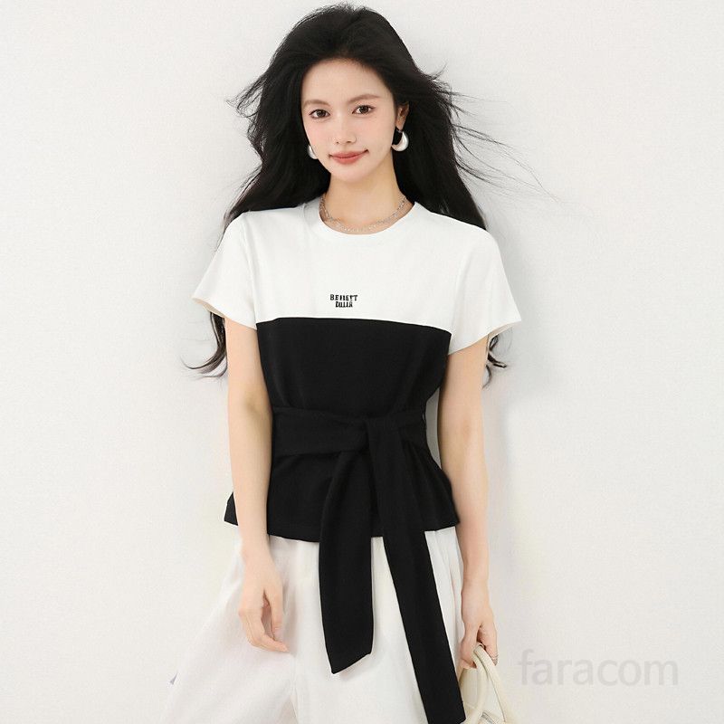 봄 여름 슬림핏 배색 반팔 티셔츠 허리끈 랩스타일 라운드넥 데일리룩 페미닌룩 룩 9865 - 상품 이미지