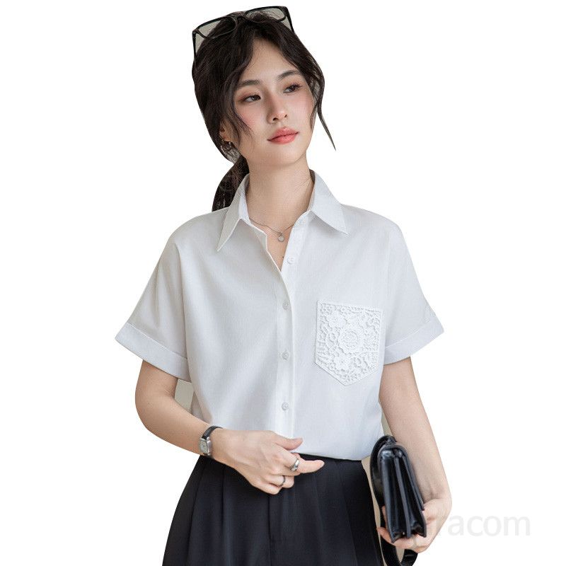 봄 여름 슬림핏 레이스포켓 반팔 셔츠 브이넥 블라우스 데일리룩 룩 출근룩 깔끔한 1971 - 상세 이미지 5