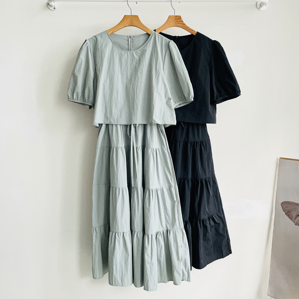 바스락원피스 캉캉 레이어드 플레어 반팔 롱원피스 결혼식하객룩