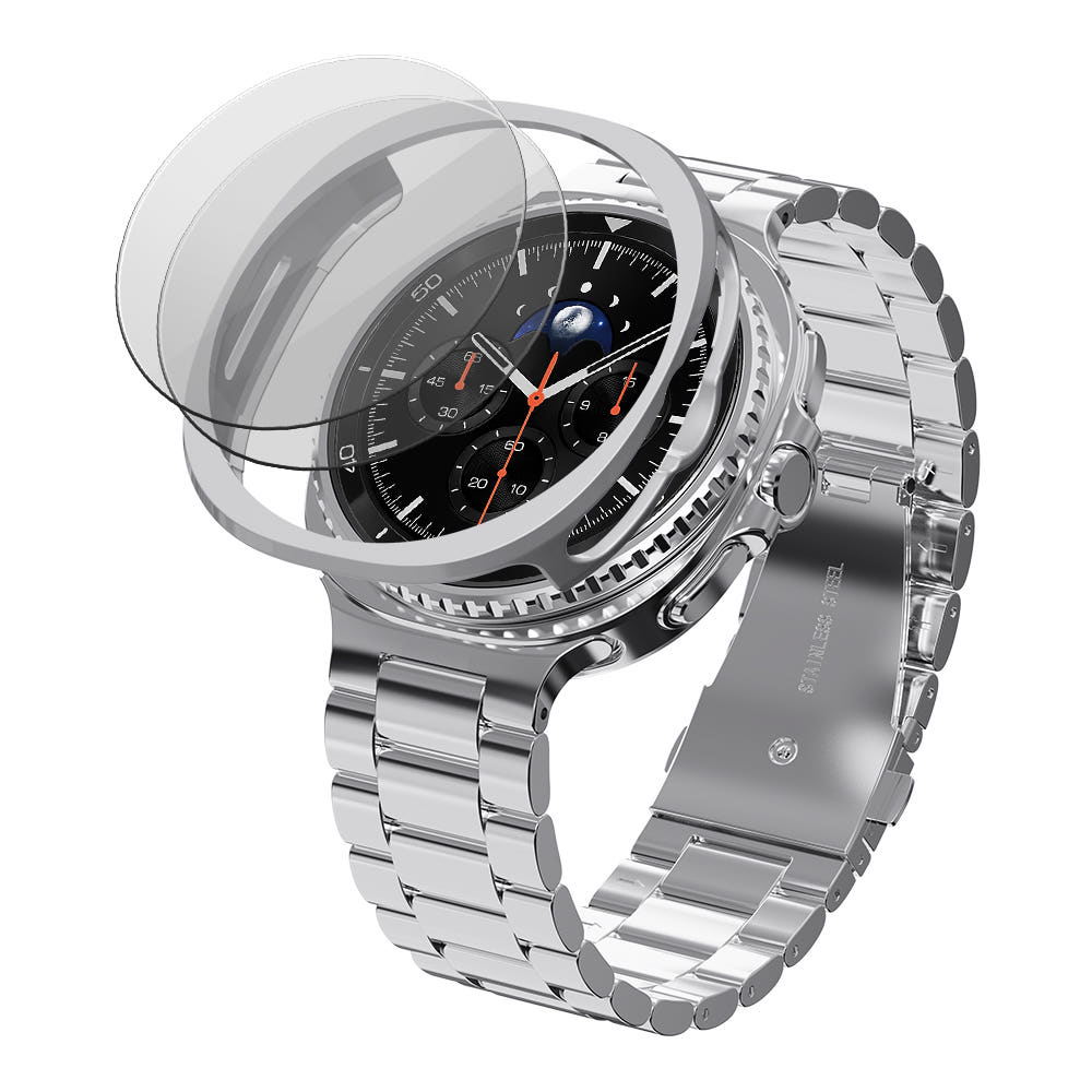 칸탐 갤럭시워치8 클래식 46mm 실버 메탈 스트랩 밴드 + 하드 케이스 + 강화유리 SET