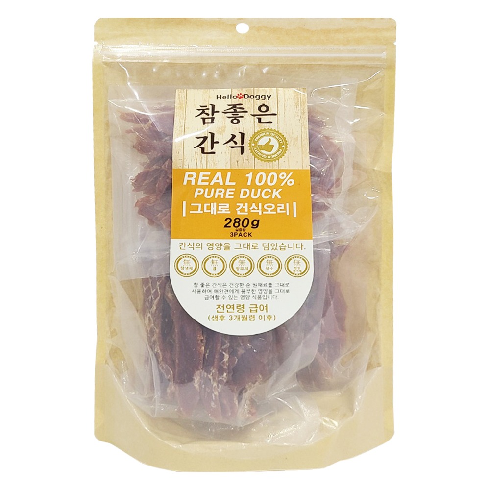 헬로도기 강아지건조간식 대용량강아지간식 애견 육포 그대로오리, 280g, 1개 - 메인 이미지