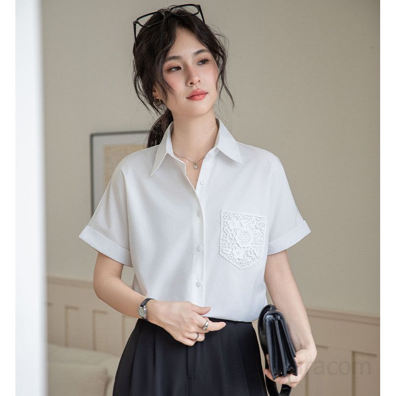 봄 여름 슬림핏 레이스포켓 반팔 셔츠 브이넥 블라우스 데일리룩 룩 출근룩 깔끔한 1971