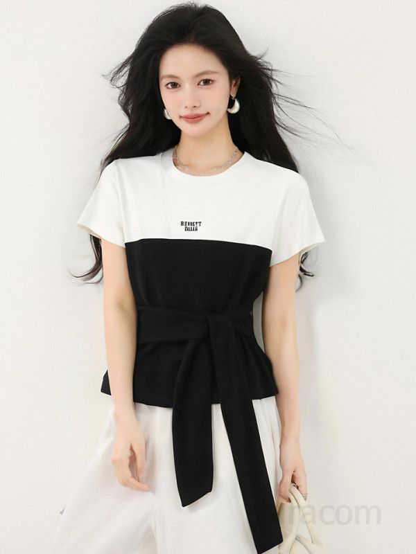 봄 여름 슬림핏 배색 반팔 티셔츠 허리끈 랩스타일 라운드넥 데일리룩 페미닌룩 룩 9865 - 상세 이미지 3