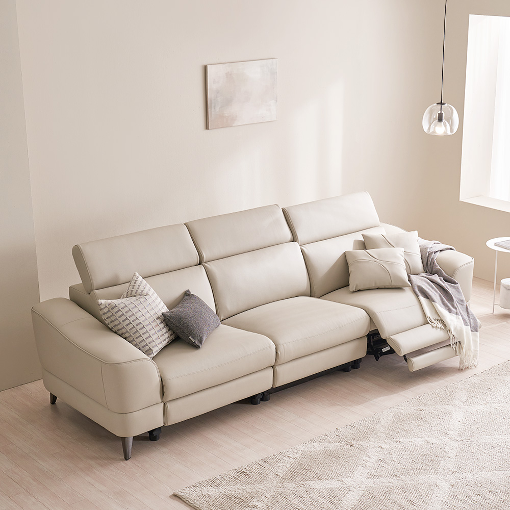 장인가구 파테르 제로월 양방향 전동 가죽 리클라이너 소파 스툴미포함, 아이보리, 4인용