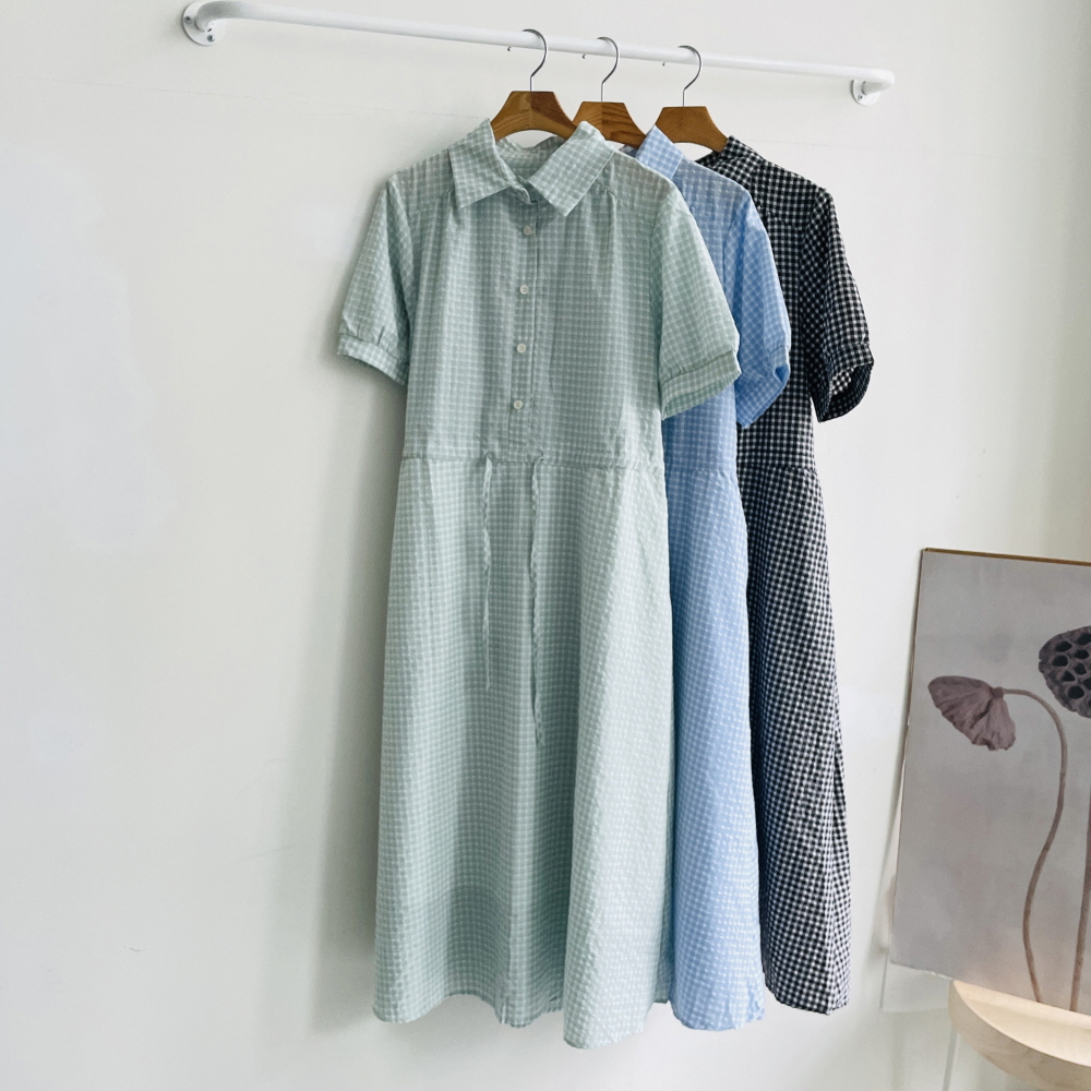 시어서커원피스 지지미 체크 셔츠 스트링 반팔 롱원피스 결혼식하객룩