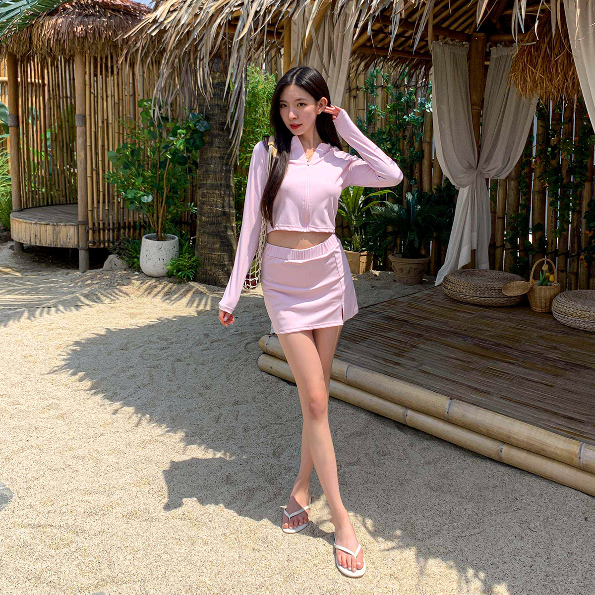 여성 집업 래쉬가드 상의 비치웨어 크롭 래쉬가드 긴팔 - 상세 이미지 5