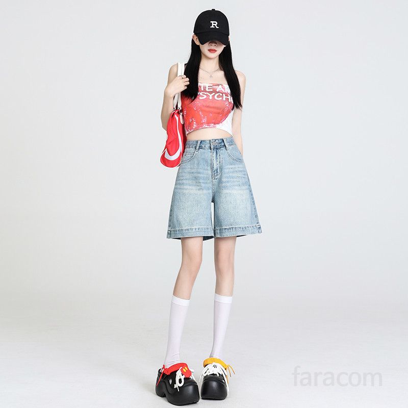 봄 여름 하이웨스트 5부 와이드 데님 팬츠 빈티지 워싱 청반바지 하프팬츠 캐주얼룩 7108 - 상세 이미지 2