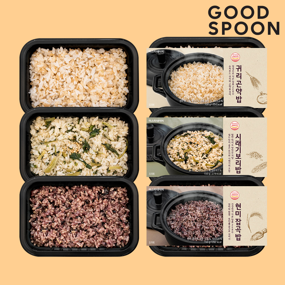 굿스푼 저당 간편식 즉석밥 3종 12팩 귀리 현미 시래기보리밥 곤약밥 칼로리 관리 150g