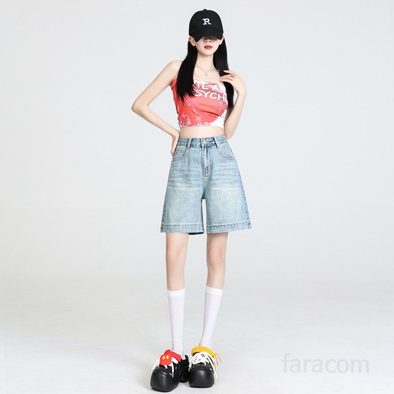 봄 여름 하이웨스트 5부 와이드 데님 팬츠 빈티지 워싱 청반바지 하프팬츠 캐주얼룩 7108 - 상세 이미지 3