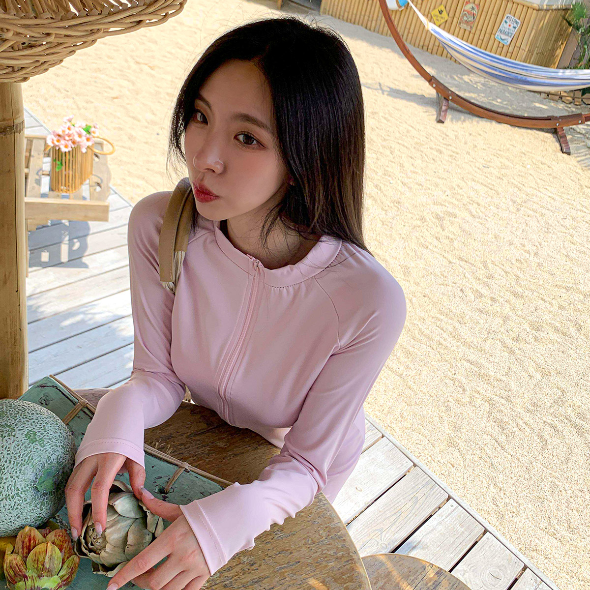 여성 집업 래쉬가드 상의 비치웨어 크롭 래쉬가드 긴팔 - 상세 이미지 2
