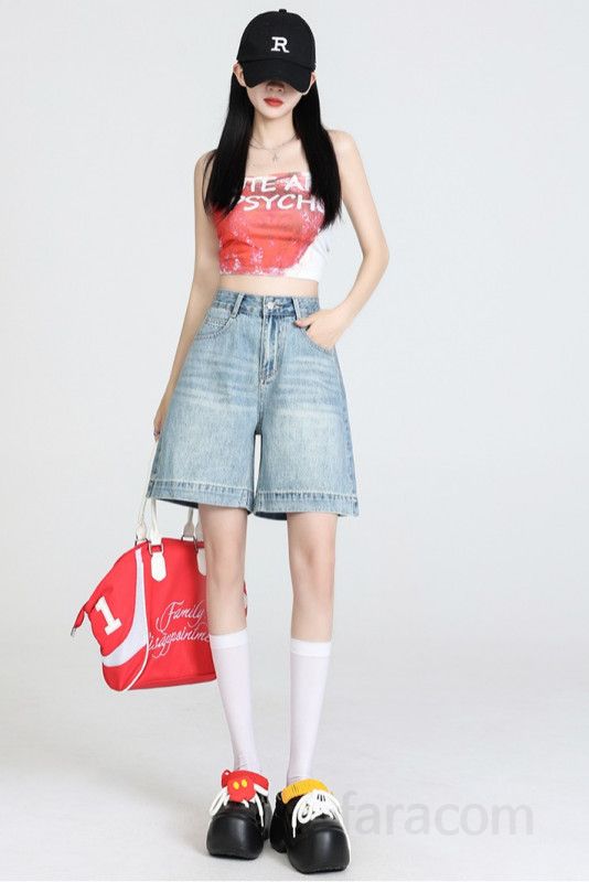 봄 여름 하이웨스트 5부 와이드 데님 팬츠 빈티지 워싱 청반바지 하프팬츠 캐주얼룩 7108 - 상세 이미지 5