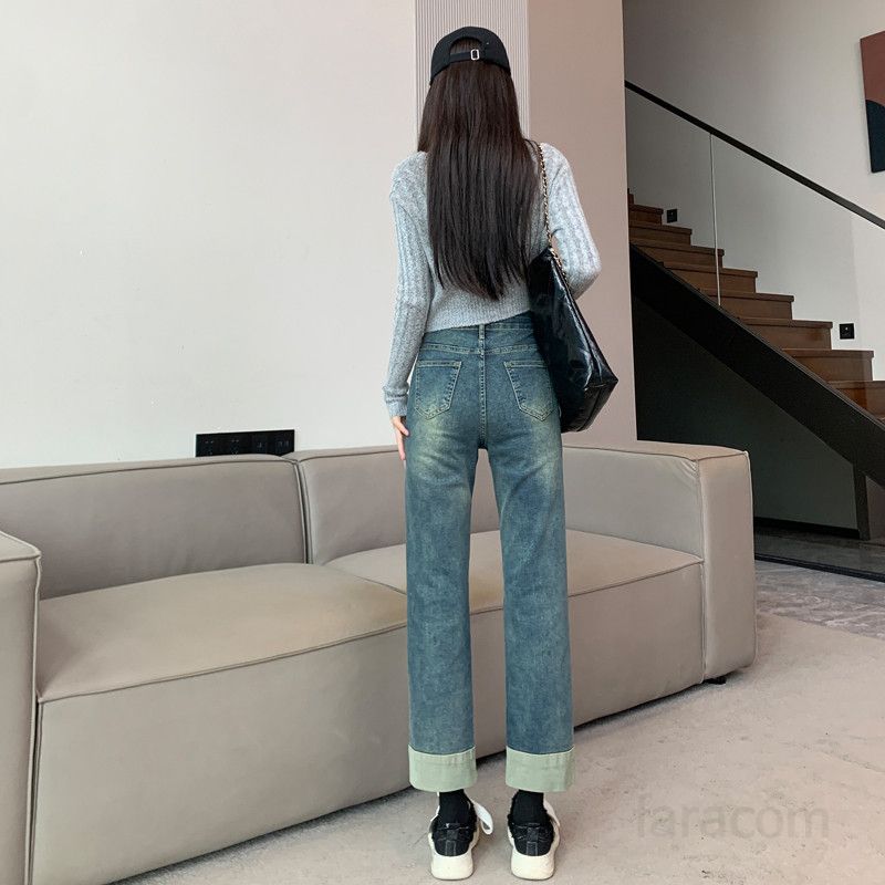 가을 기장선택 하이웨스트 일자핏 롤업 스트레이트 9부 데님 팬츠 Y2K 8773 - 상세 이미지 4