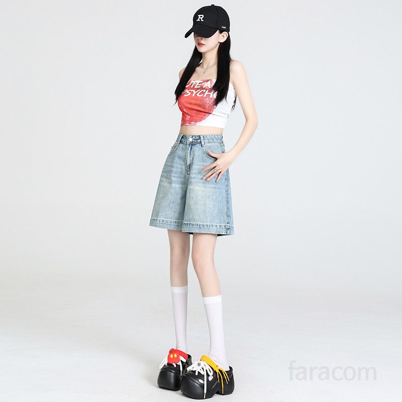 봄 여름 하이웨스트 5부 와이드 데님 팬츠 빈티지 워싱 청반바지 하프팬츠 캐주얼룩 7108 - 상세 이미지 4