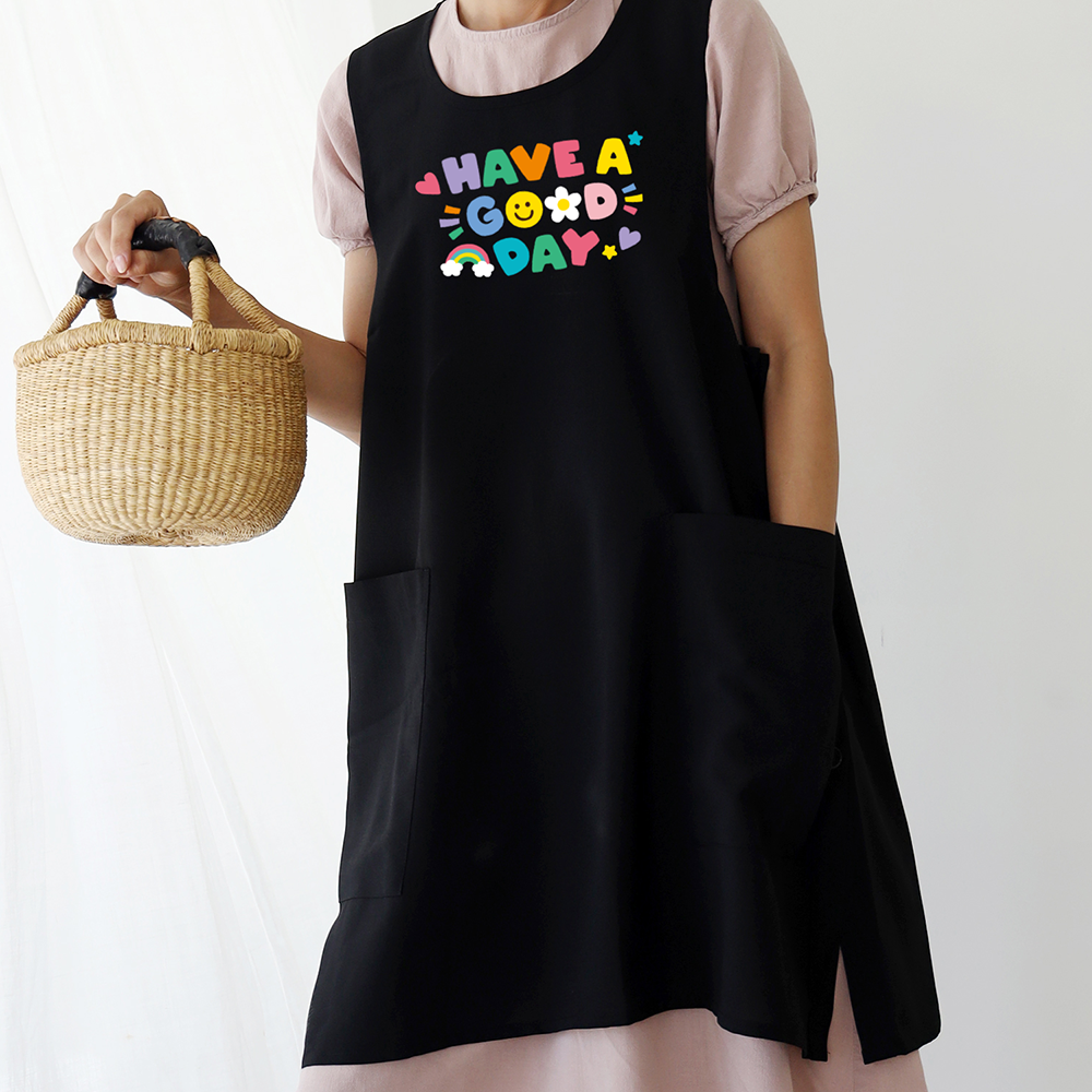 [미소쌤] HAVE A GOOD DAY 레터링 솜사탕 앞치마 블랙 어린이집 보육교사