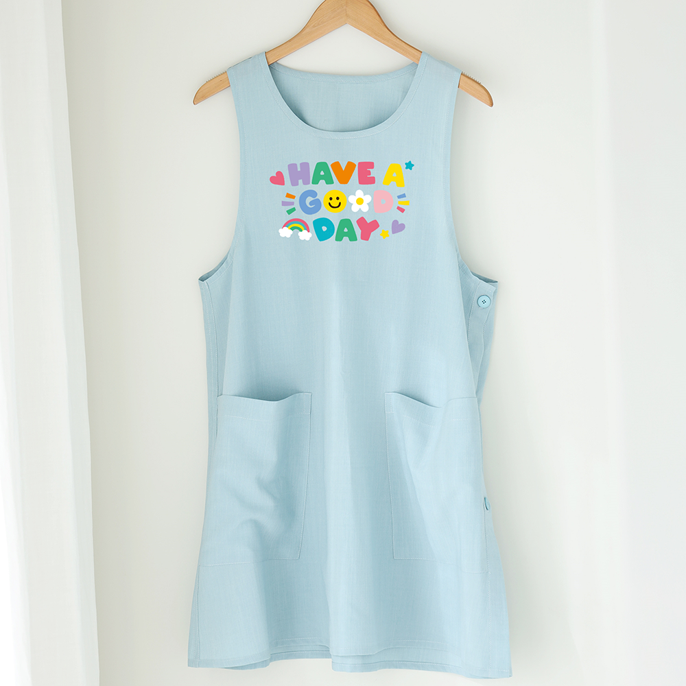 [미소쌤] HAVE A GOOD DAY 레터링 솜사탕 앞치마 블루 어린이집 보육교사